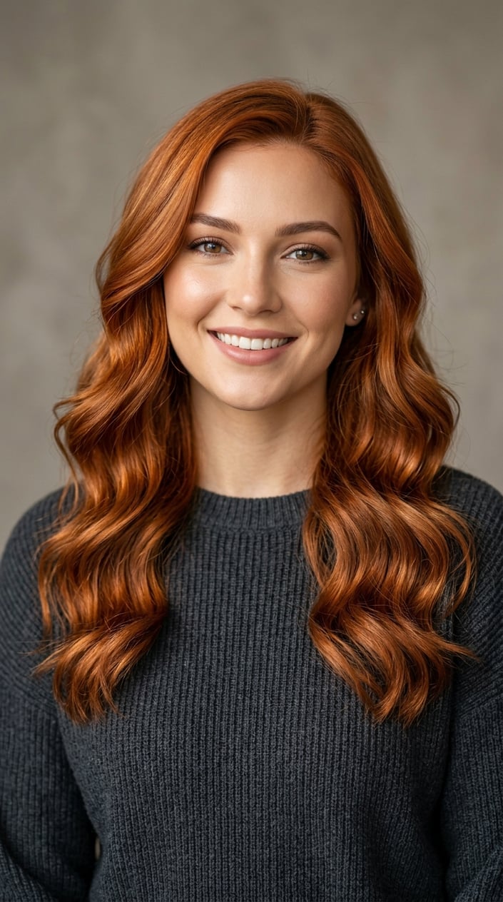 A young woman with copper-colored hair smiling against a plain background.