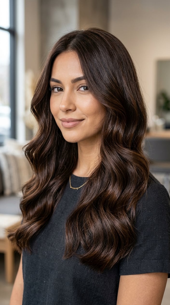 Close-up of a woman with dark brown wavy hair and a calm expression against a blurred neutral background.