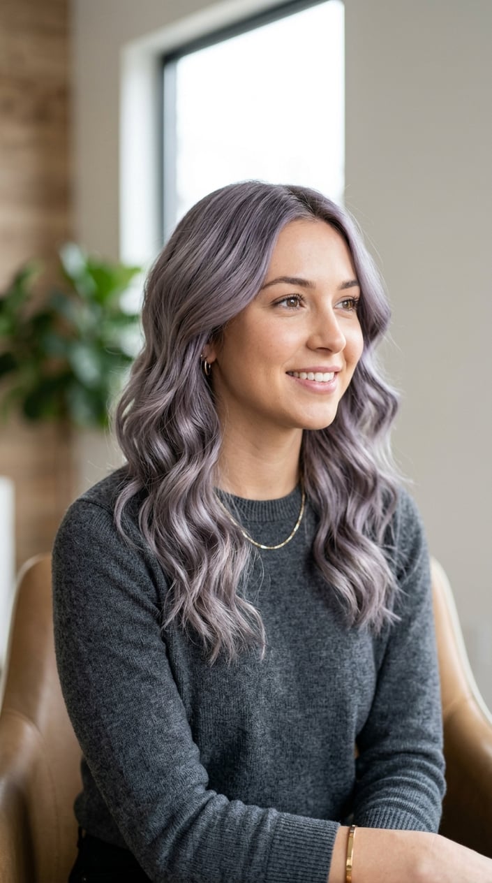 A young woman with smoky lavender hair smiling in a bright studio setting.