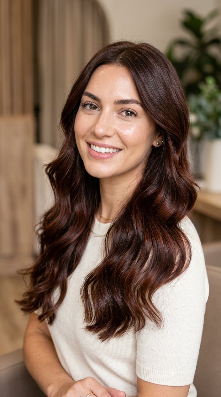Close-up portrait of a woman with smooth, wavy chocolate brown hair against a soft, neutral background.