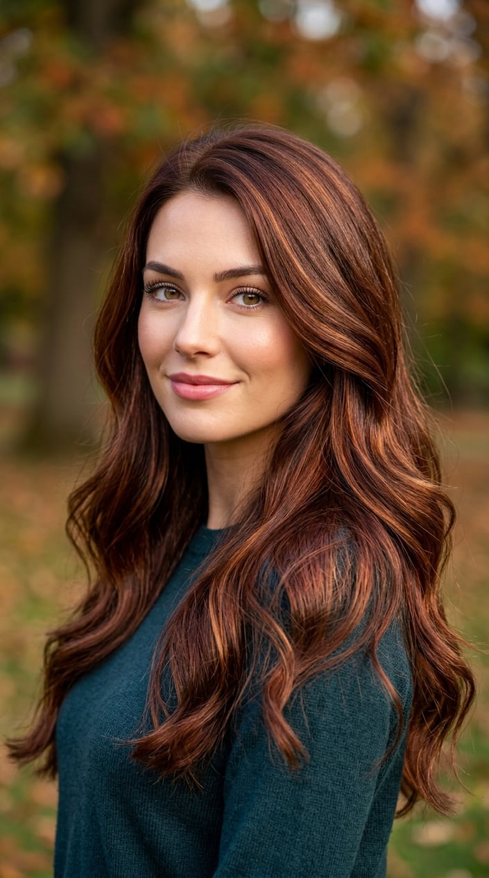 Close-up portrait of a woman with shiny chestnut brown hair against a neutral background.