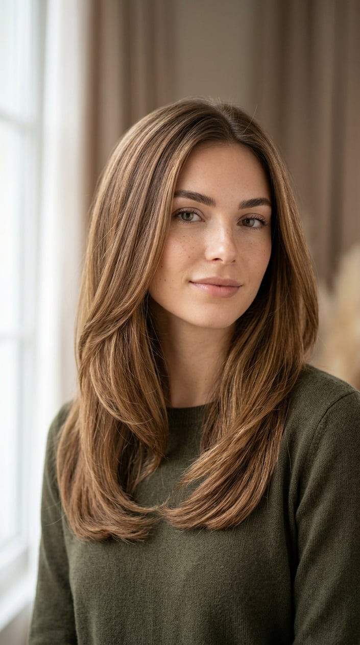 Close-up of a woman with smooth light brown hair looking calmly at the camera against a blurred neutral background.