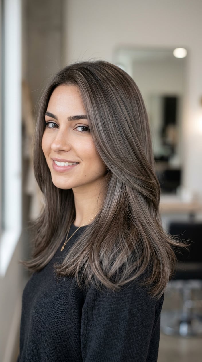 A woman with smooth ash brown hair looking confidently at the camera against a plain background.
