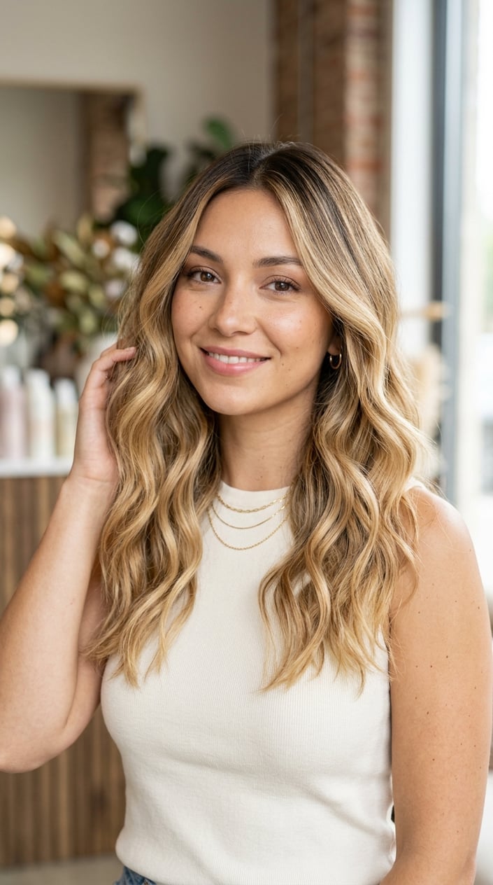 A woman with honey blonde balayage hair smiling softly against a neutral background.