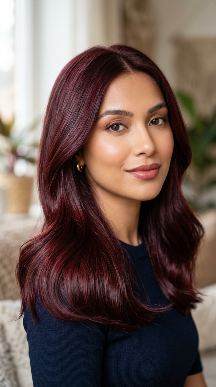 Close-up portrait of a woman with smooth, rich burgundy hair, softly lit against a blurred neutral background.