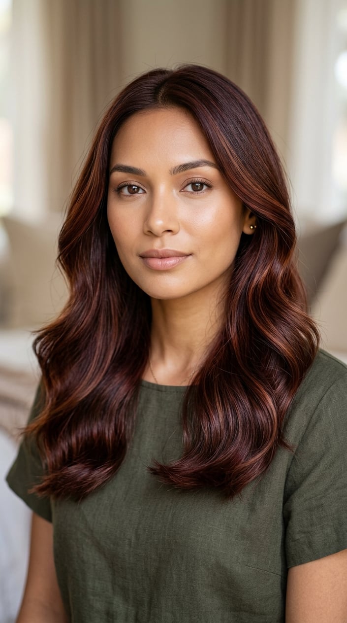 Close-up of a woman with rich mahogany-colored hair styled in soft waves, looking serene against a blurred warm-toned background.
