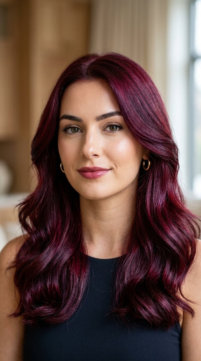 Close-up portrait of a young woman with vibrant wine red hair, looking serene against a softly blurred background.