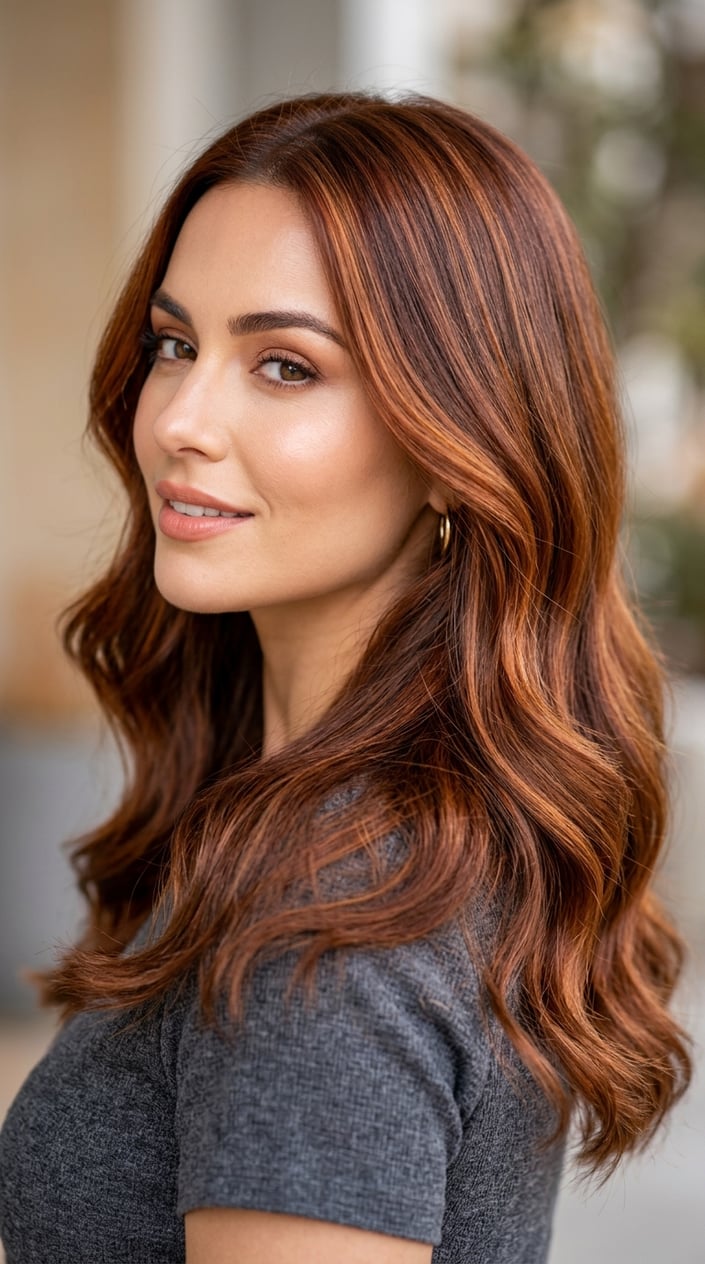 Close-up portrait of a woman with vibrant copper brown hair against a neutral background.