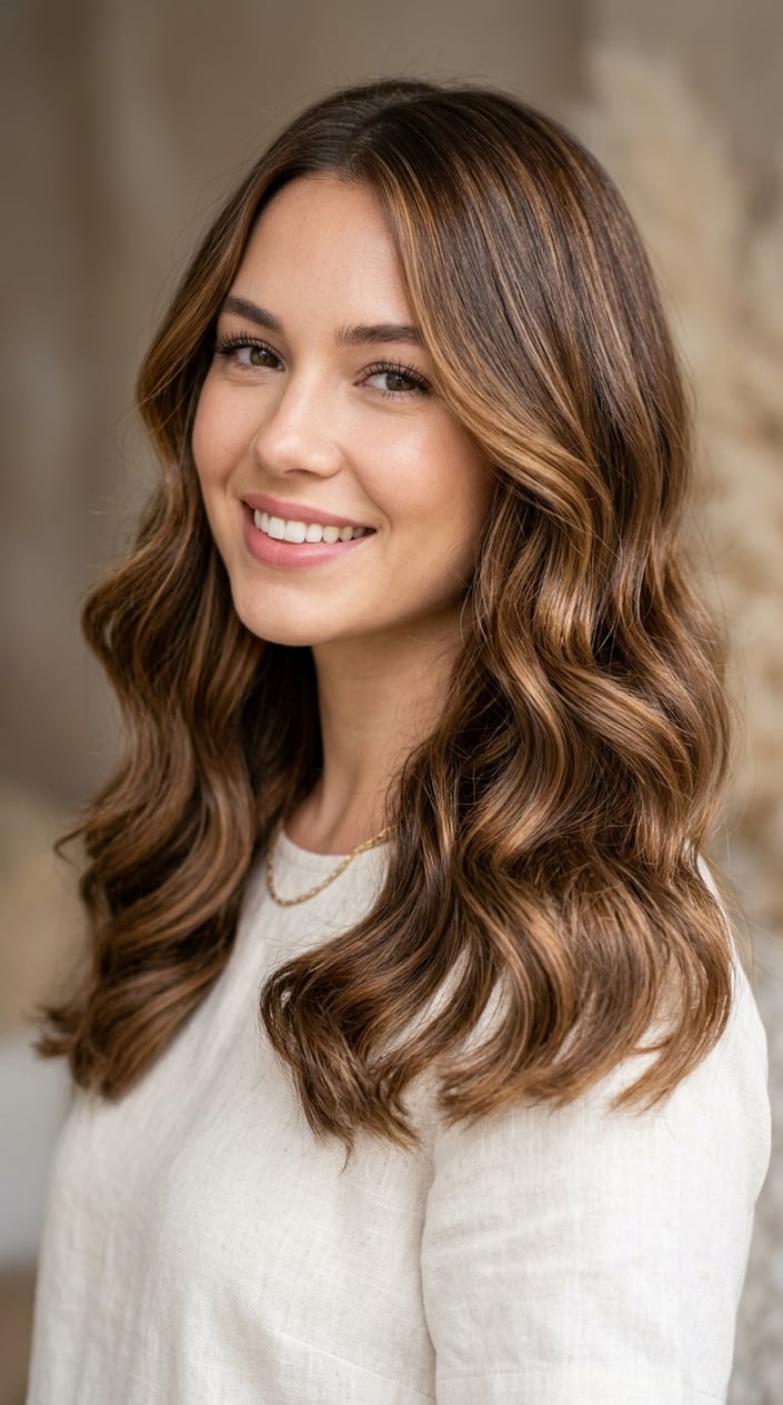 Close-up of a woman with smooth, shiny caramel brown hair styled in loose waves against a neutral background.