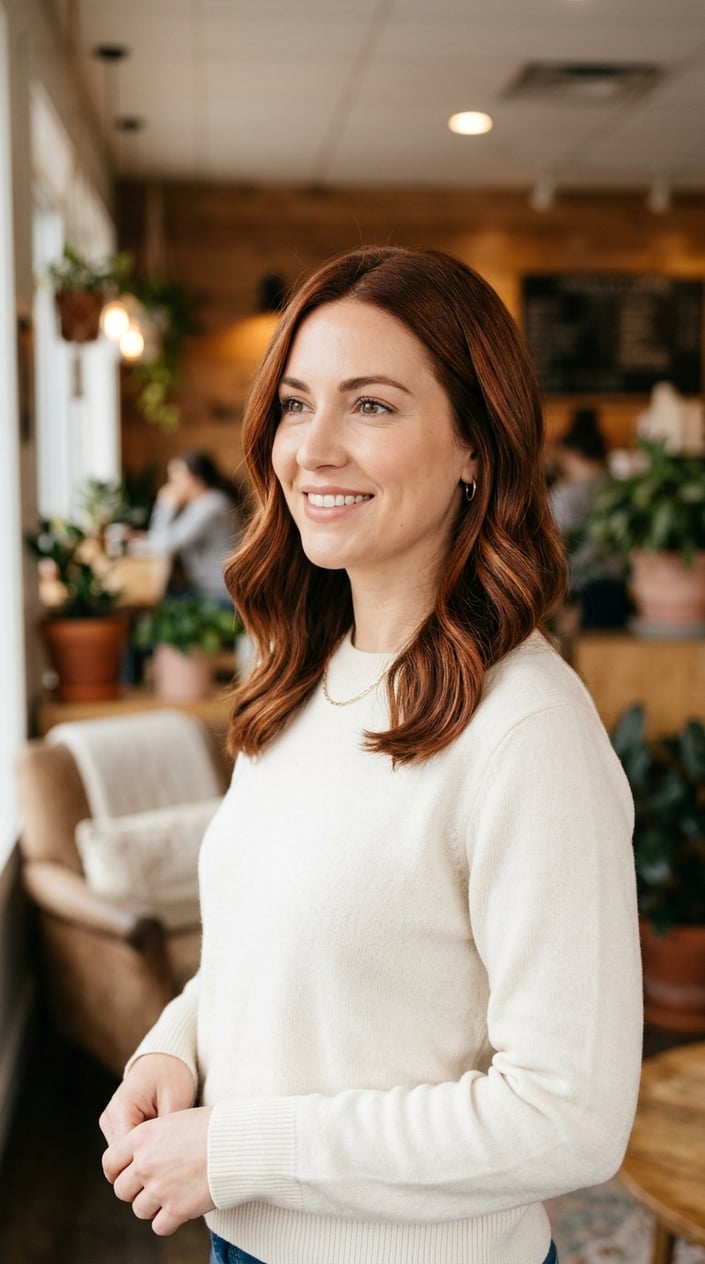 A woman with warm cinnamon spice brunette hair smiling softly in a softly lit indoor setting.
