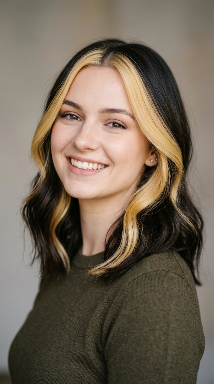 Close-up of a young woman with dark hair and a bright blonde section framing her face, smiling softly.