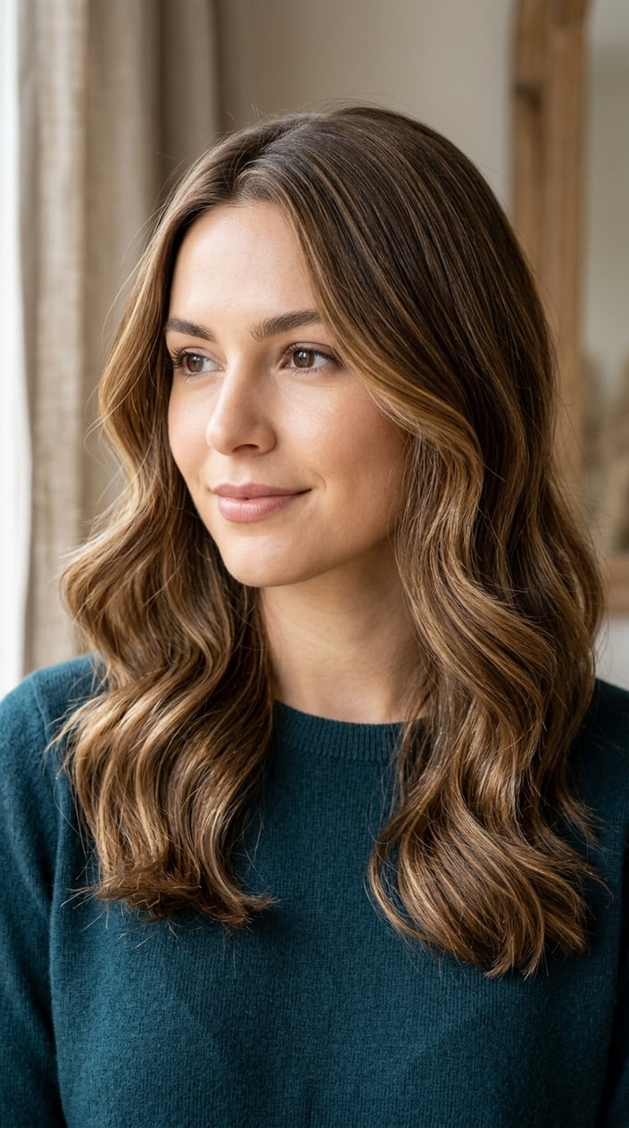 Close-up of a woman with dark blonde wavy hair, looking slightly to the side against a softly blurred neutral background.