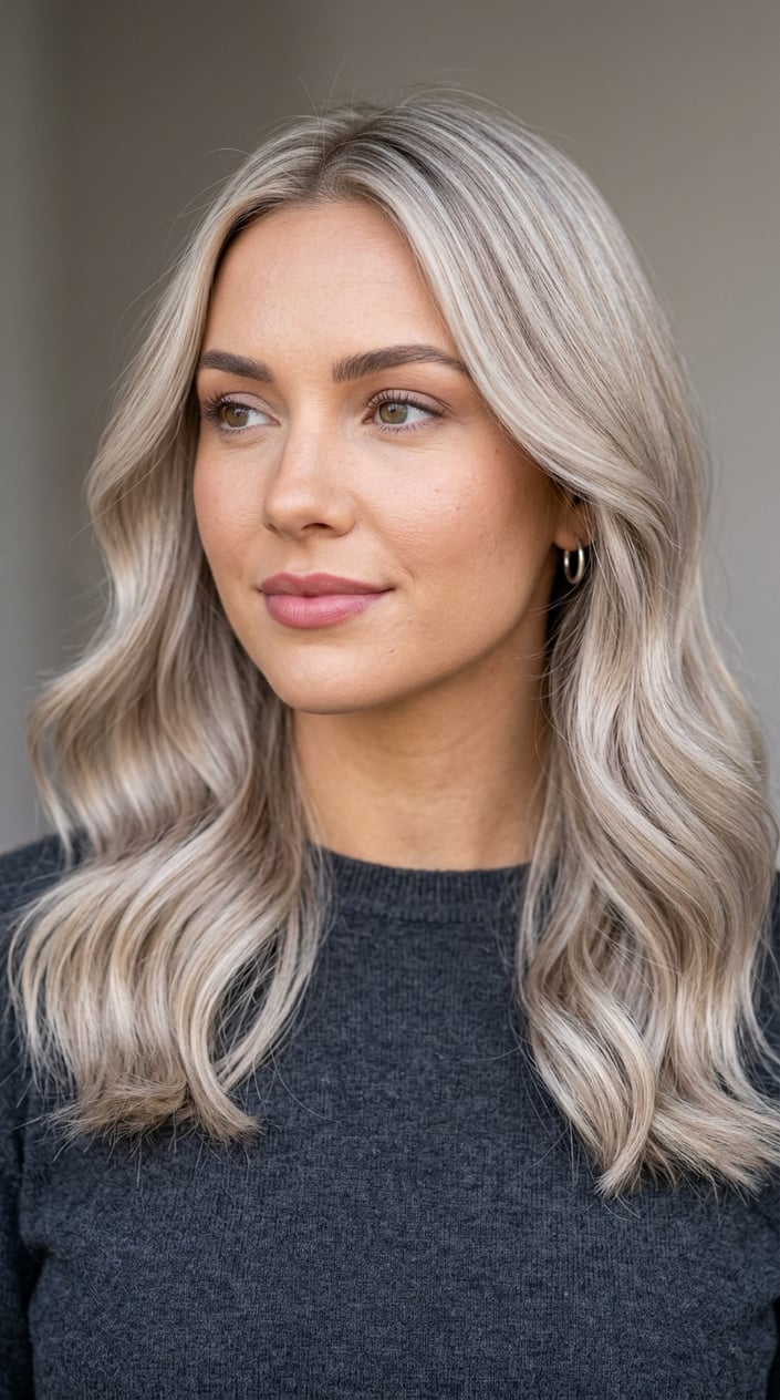 Close-up portrait of a woman with wavy ash blonde hair against a neutral background.