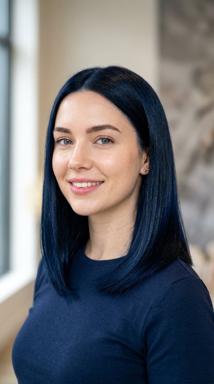 Close-up portrait of a young woman with vibrant blue-black hair looking confidently at the camera.
