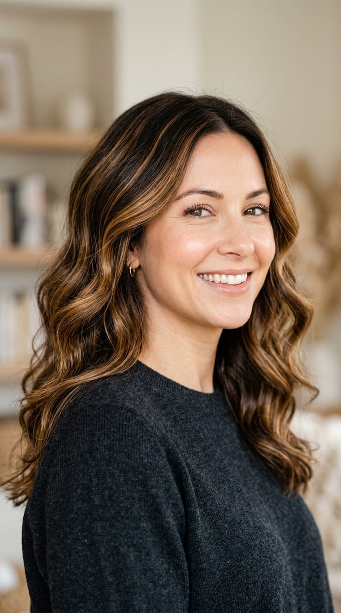 Close-up of a woman with wavy hair featuring caramel ribbon highlights, smiling gently against a blurred neutral background.