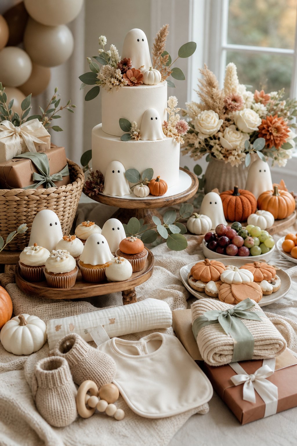 Autumn-themed baby shower dessert and gift table decorated with pumpkins, florals, baby items, and wrapped presents.