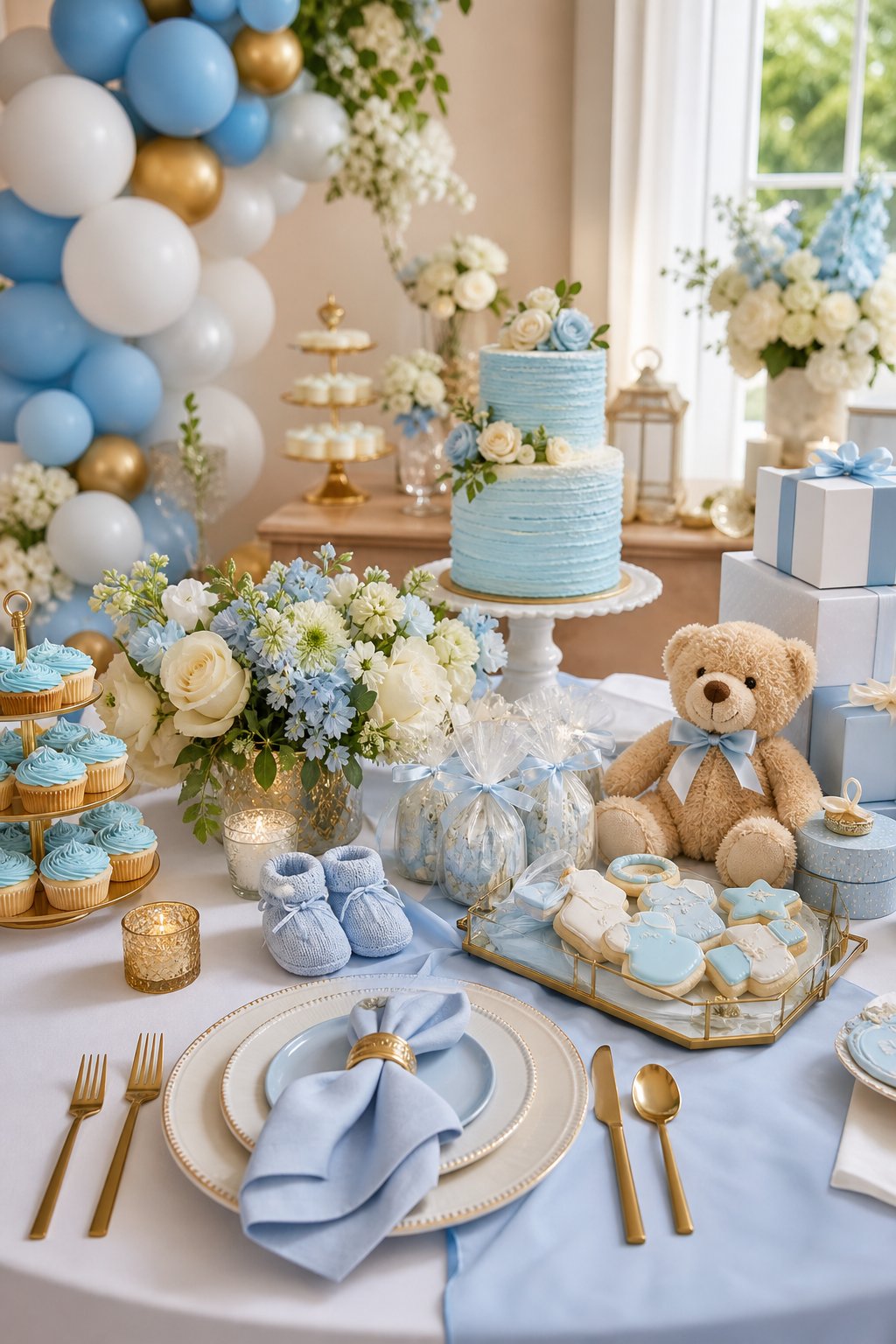 A decorated baby shower table with blue balloons, desserts, gifts, flowers, and baby-themed decorations.