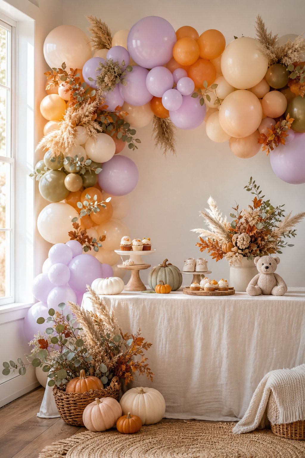 A lavender and orange balloon garland decorates an elegant autumn-themed baby shower table.