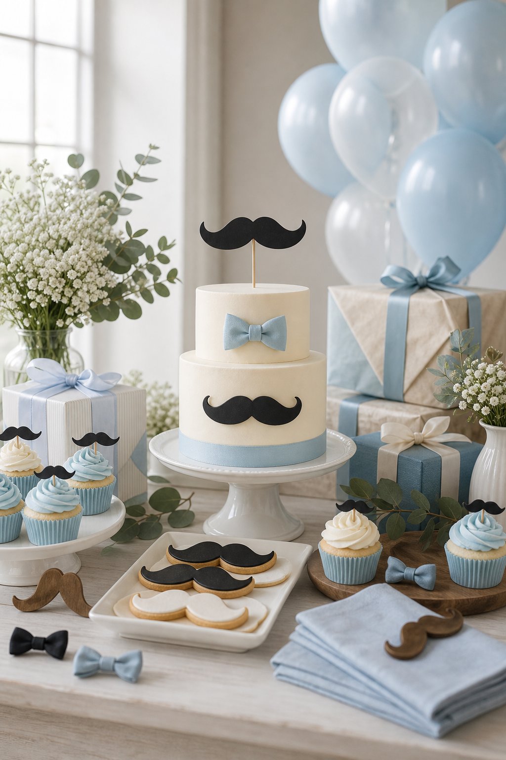 A decorated baby shower dessert and gift table with blue decorations, mustache-themed treats, balloons, and greenery.