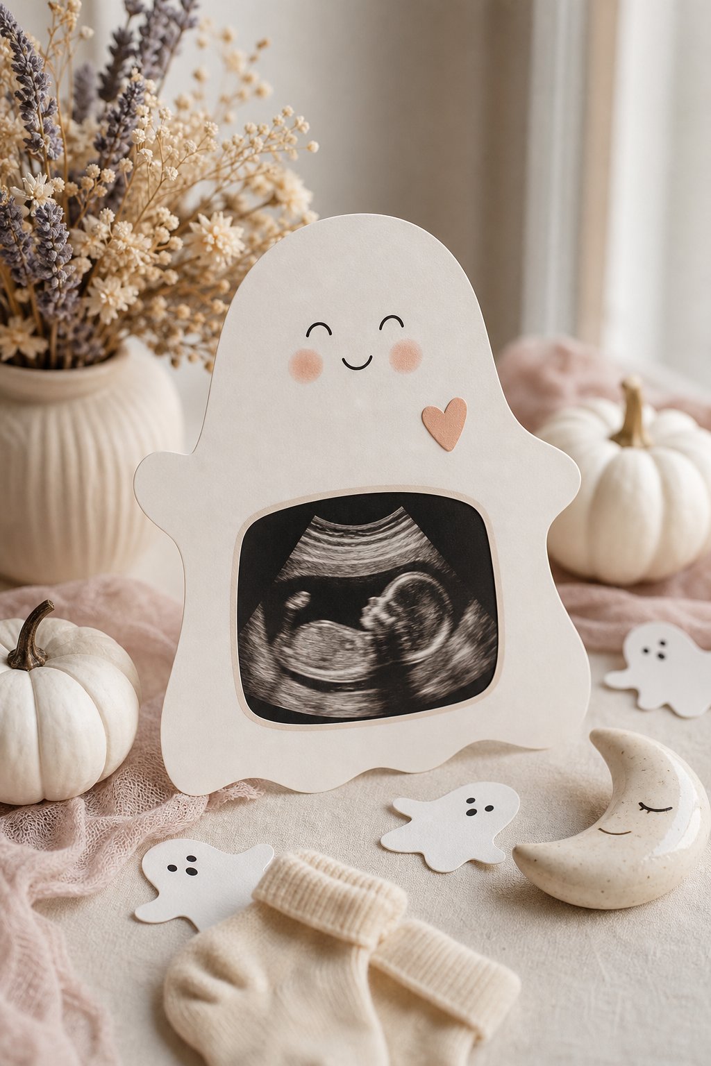 A ghost-shaped baby shower invitation with an ultrasound photo rests among pumpkins, flowers, ribbon, and small baby-themed decorations.