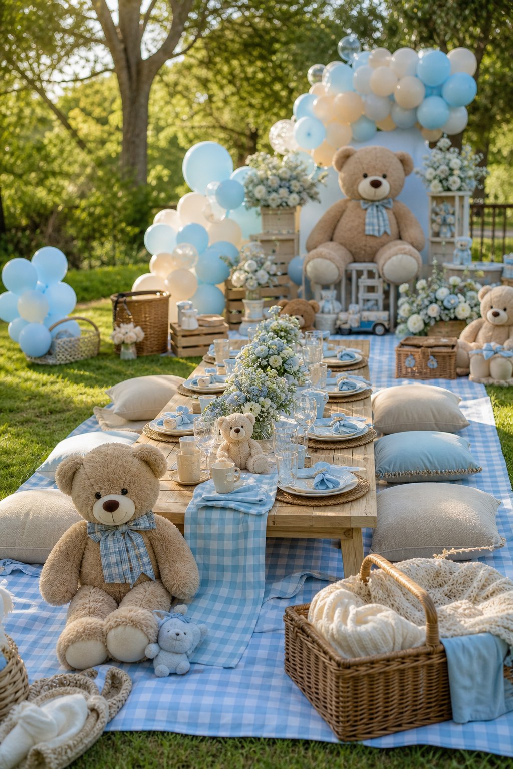 A teddy bear-themed baby shower picnic arranged on a lawn with blue decorations, picnic tables, balloons, flowers, and plush bears.