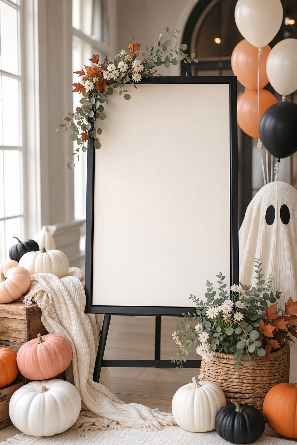 A blank framed welcome sign surrounded by pumpkins, autumn foliage, flowers, and neutral baby shower decorations.