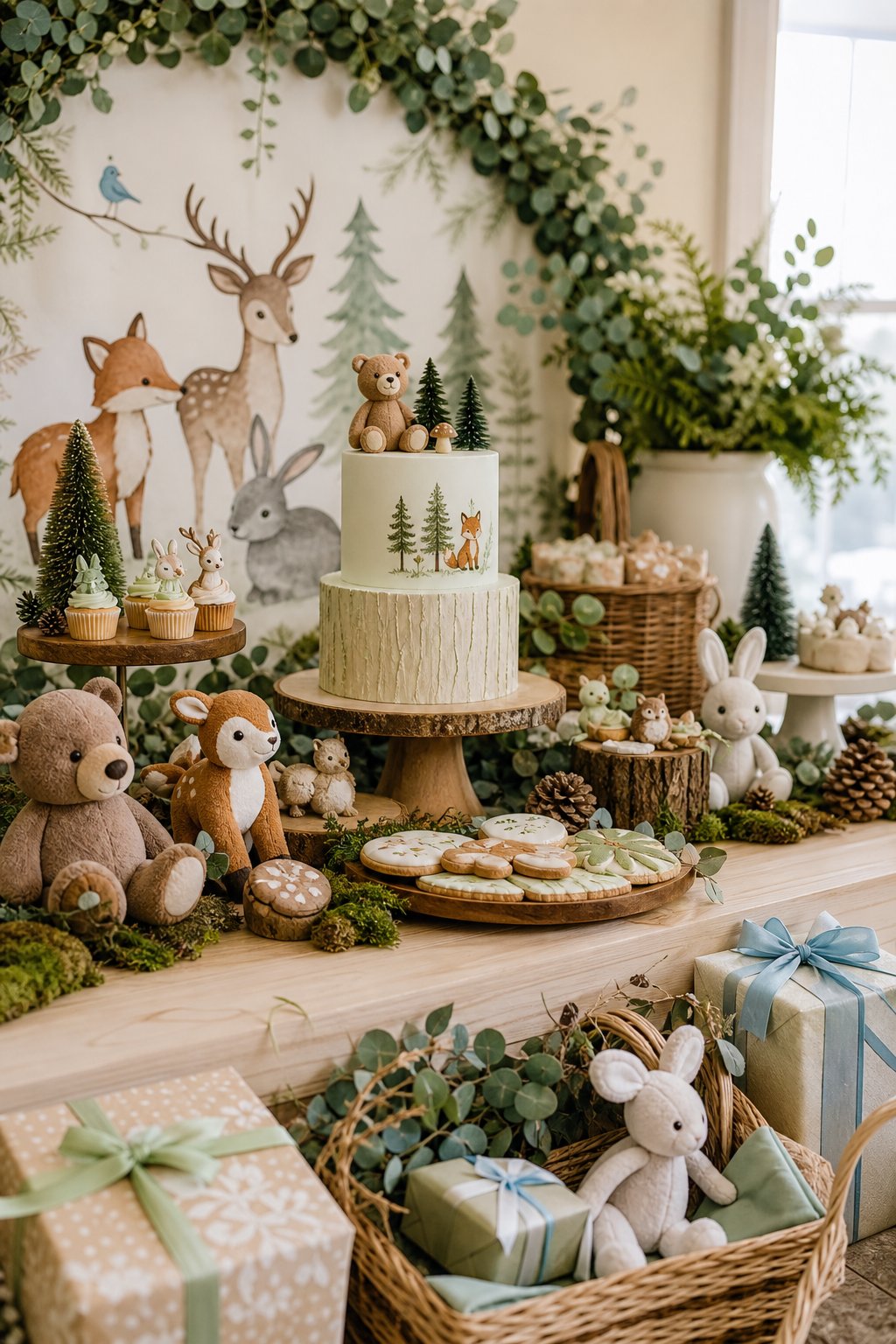 A woodland-themed baby shower table decorated with forest animals, greenery, gifts, desserts, and soft blue accents.