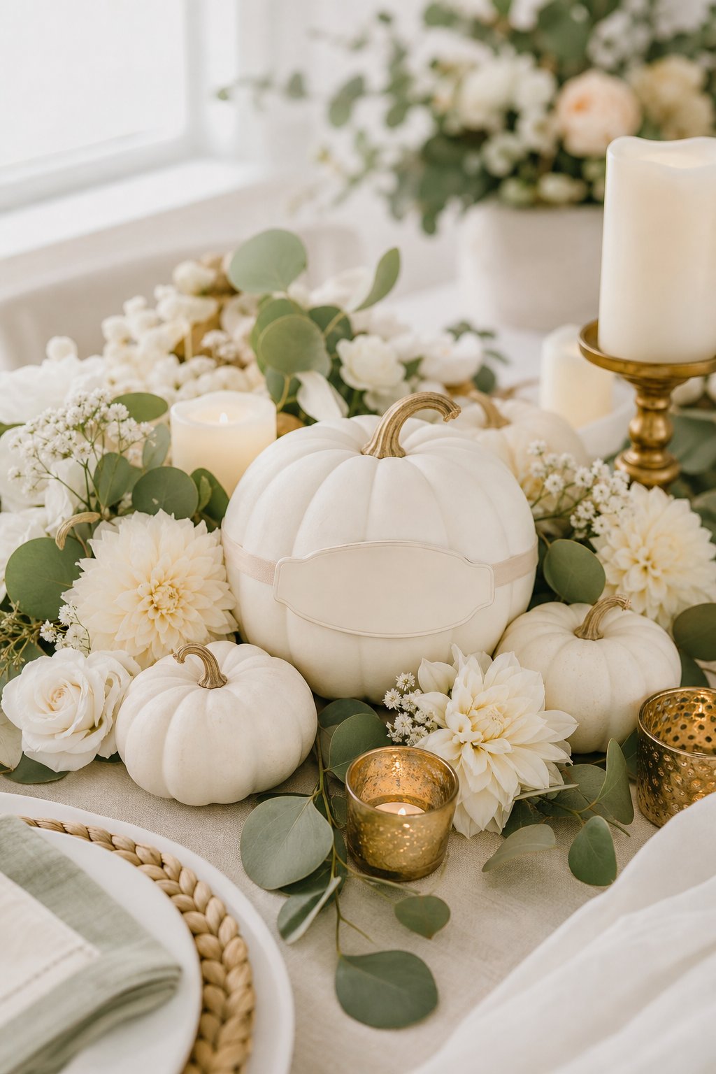 White pumpkin centerpiece with flowers and candles arranged on an autumn baby shower table.