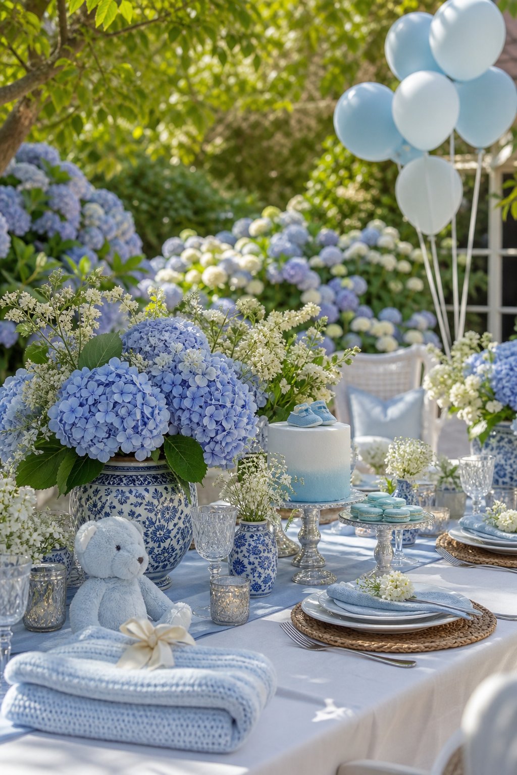 An elegant outdoor baby shower table decorated with blue hydrangeas, pastel blue details, and greenery.