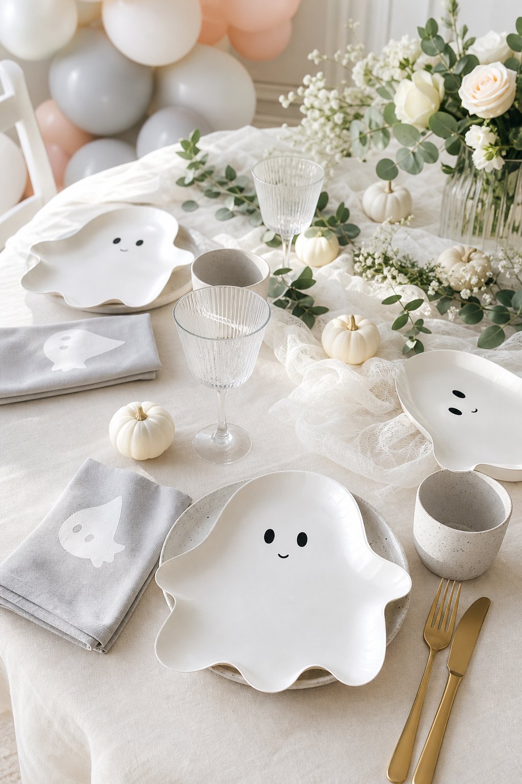 A softly decorated baby shower table with ghost-shaped plates and matching napkins.