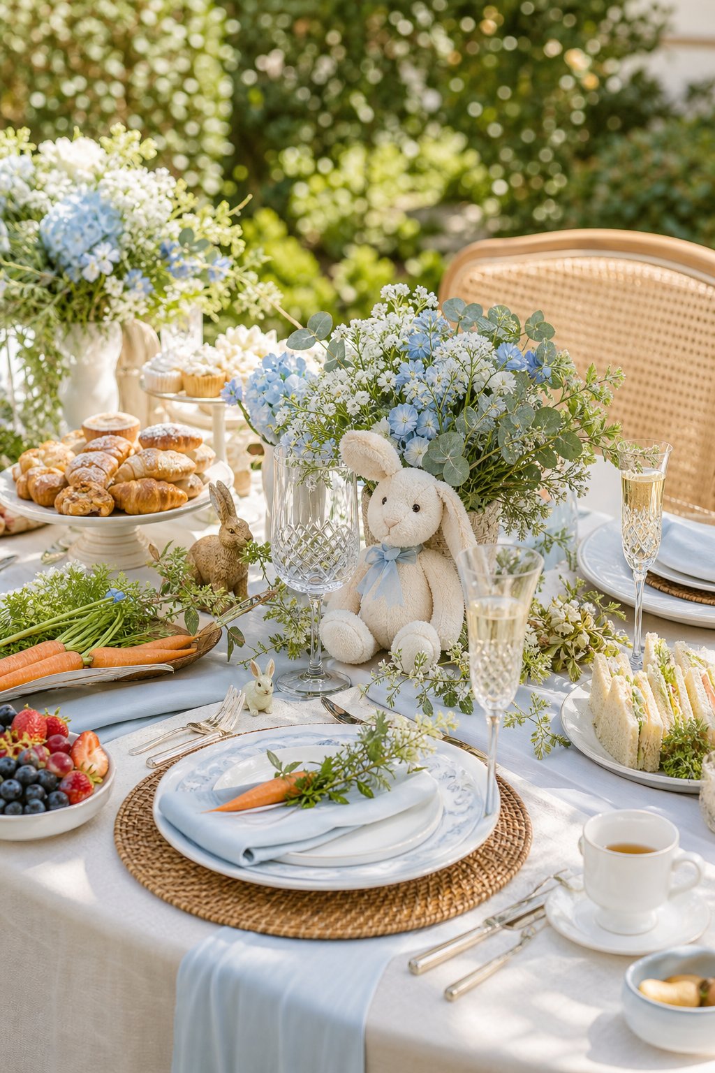 A pastel blue and green baby shower brunch table decorated with flowers, greenery, pastries, and rabbit-themed accents.
