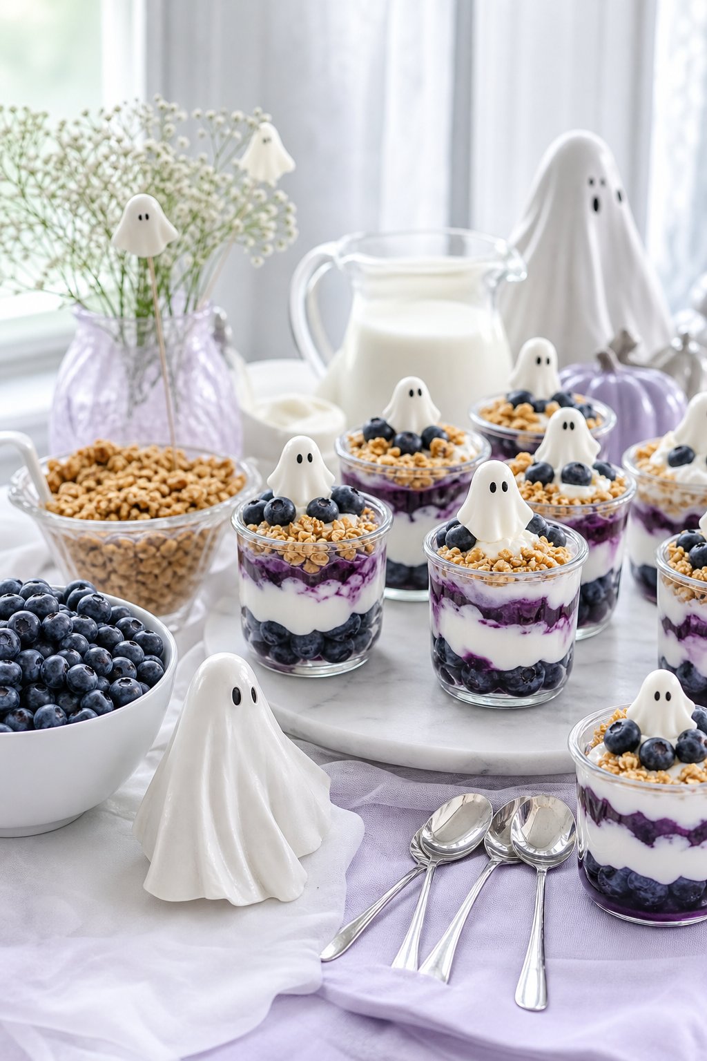 A blueberry yogurt parfait bar with layered dessert cups, fresh berries, granola, and subtle ghost-themed decorations.