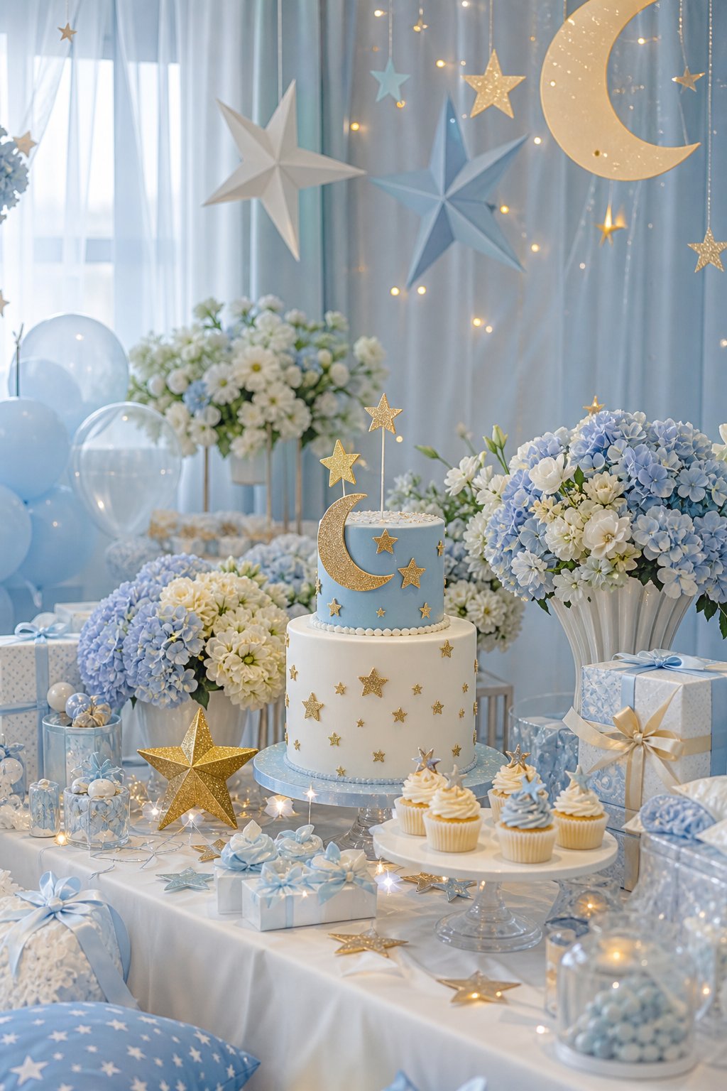 A blue and gold star-themed baby shower dessert and gift table decorated with flowers, fairy lights, and hanging stars.