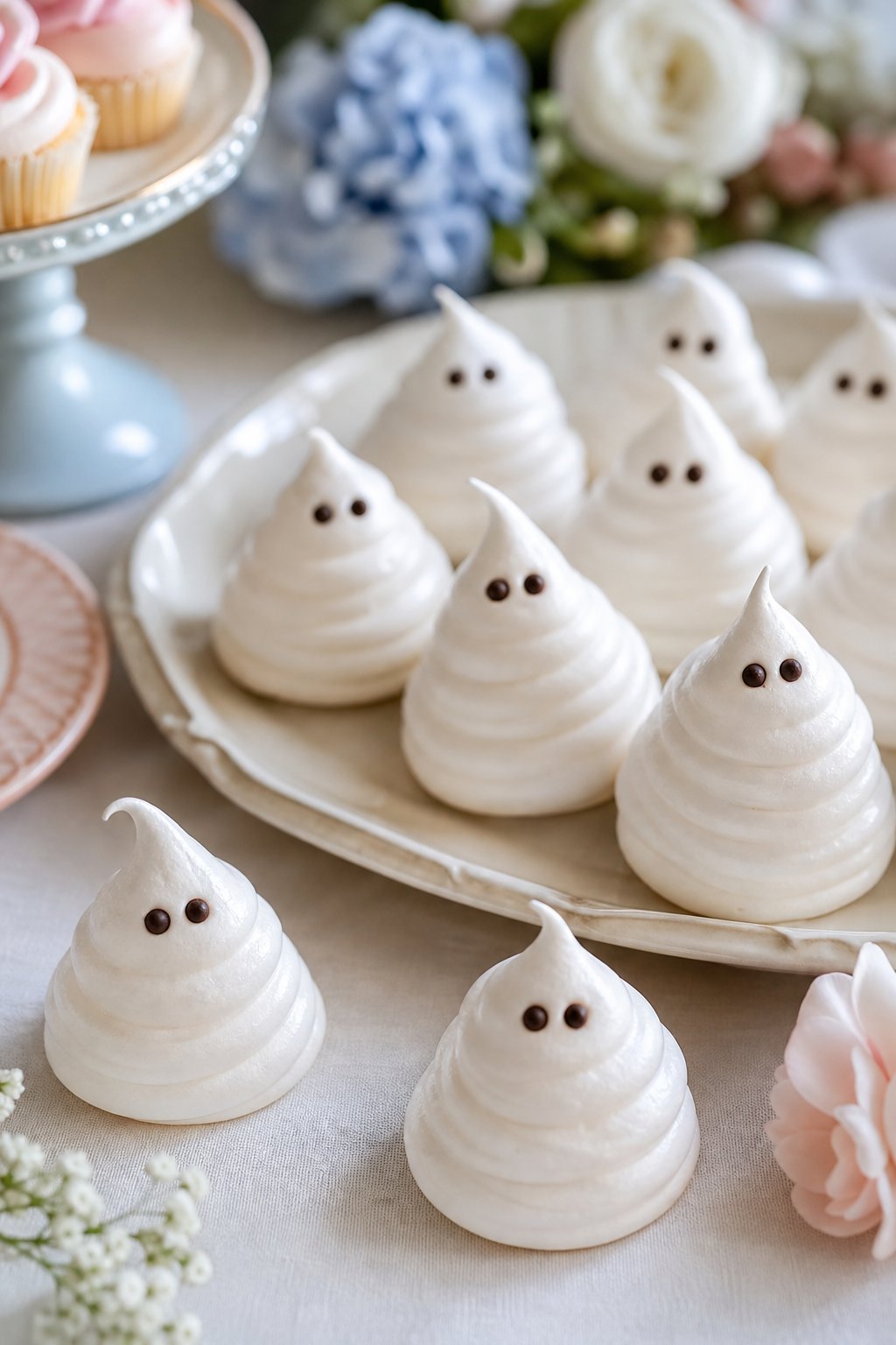Ghost-shaped meringue cookies with tiny chocolate eyes arranged on a pastel baby shower dessert table.
