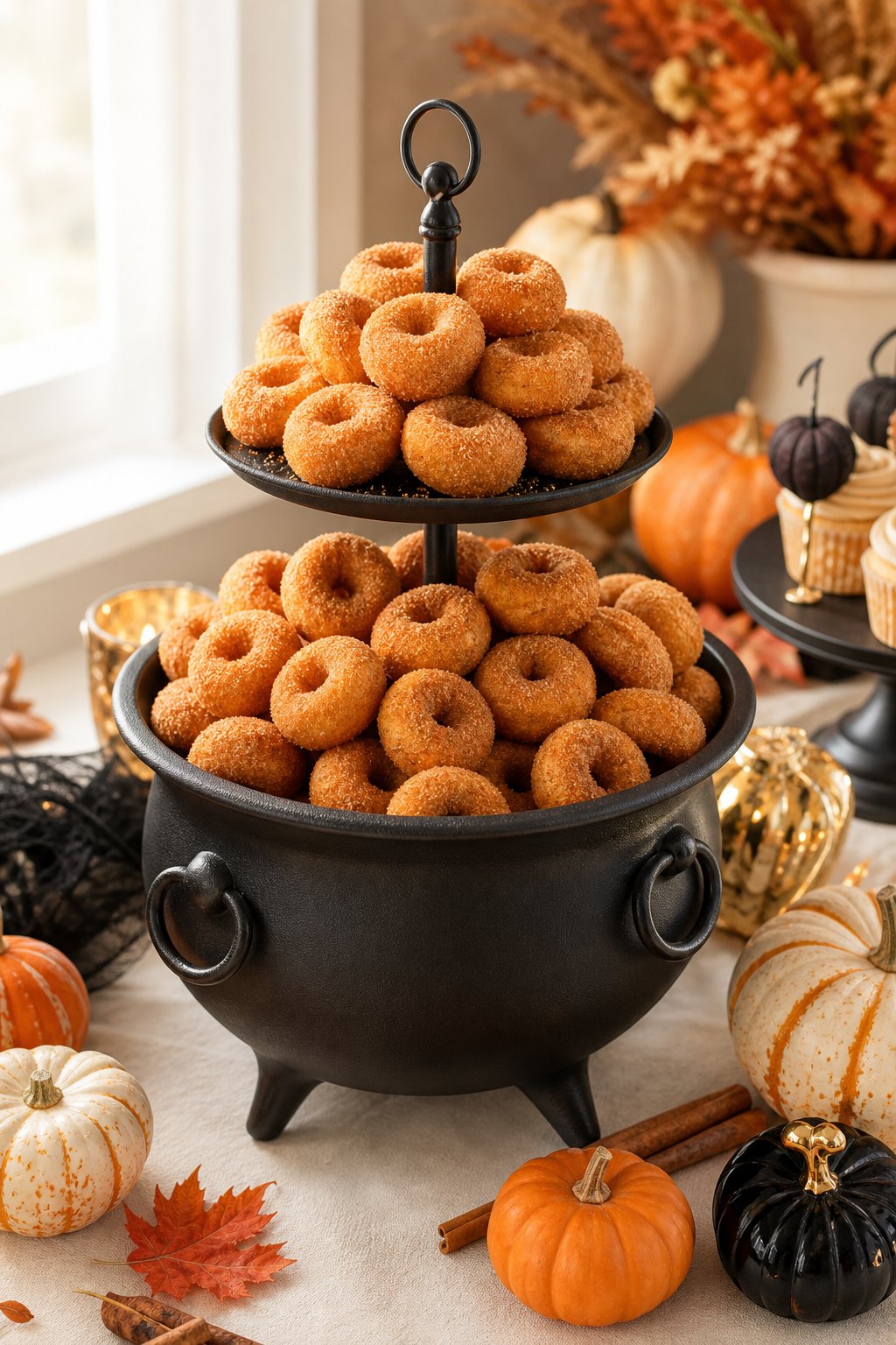 Pumpkin spice mini donuts arranged on a black cauldron-shaped dessert stand with small pumpkins and autumn decorations.