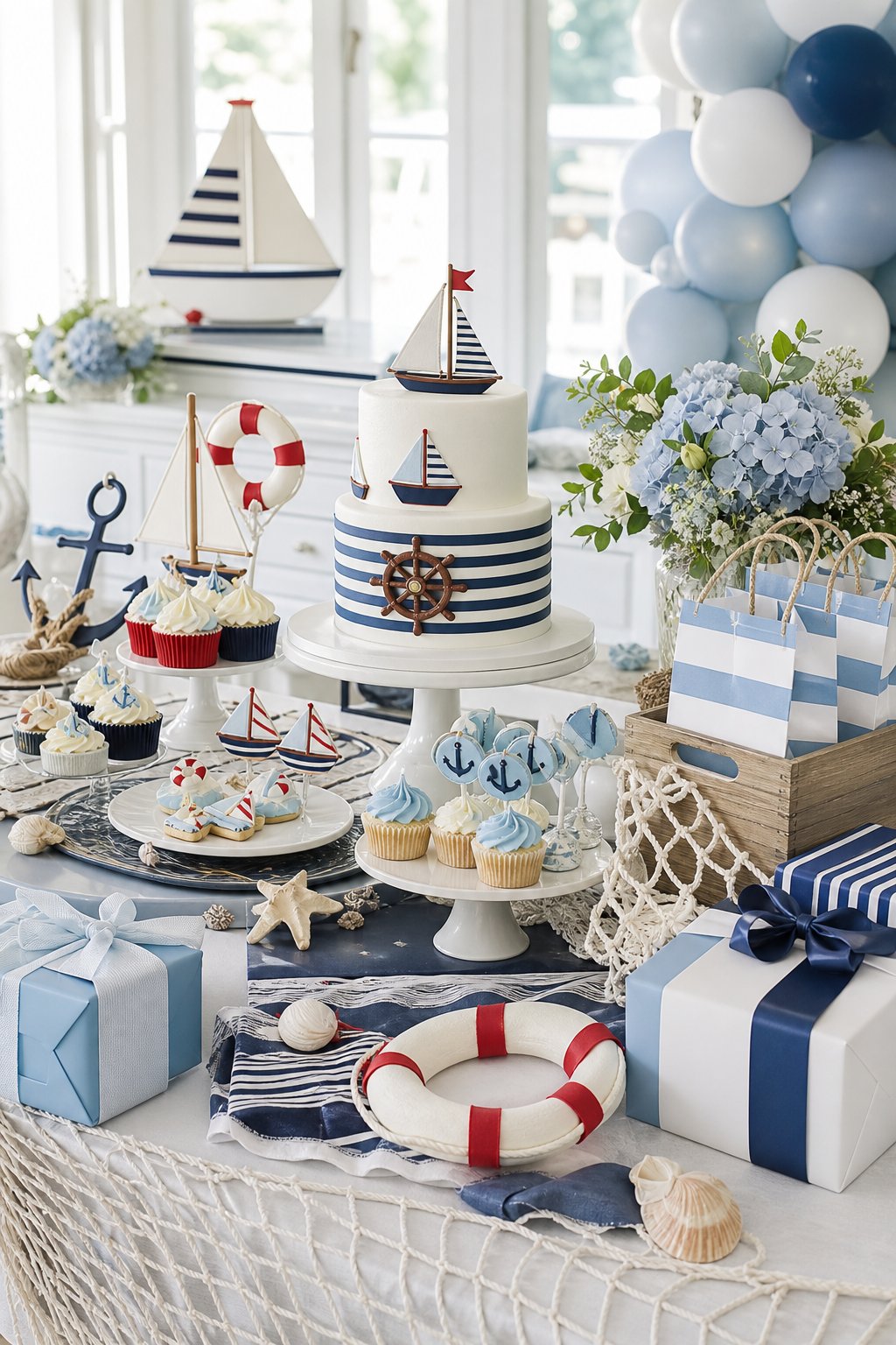 Nautical-themed baby shower table decorated in blue and white with sailboats, anchors, desserts, gifts, and baby shower favors.
