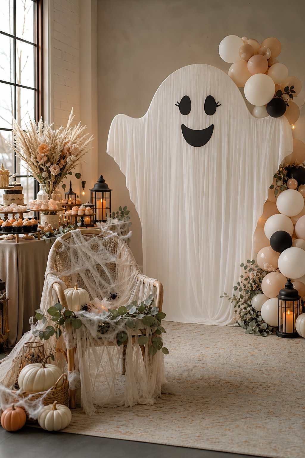 A Halloween-themed baby shower display with a friendly white ghost backdrop, gauze decorations, balloons, pumpkins, and soft floral accents.
