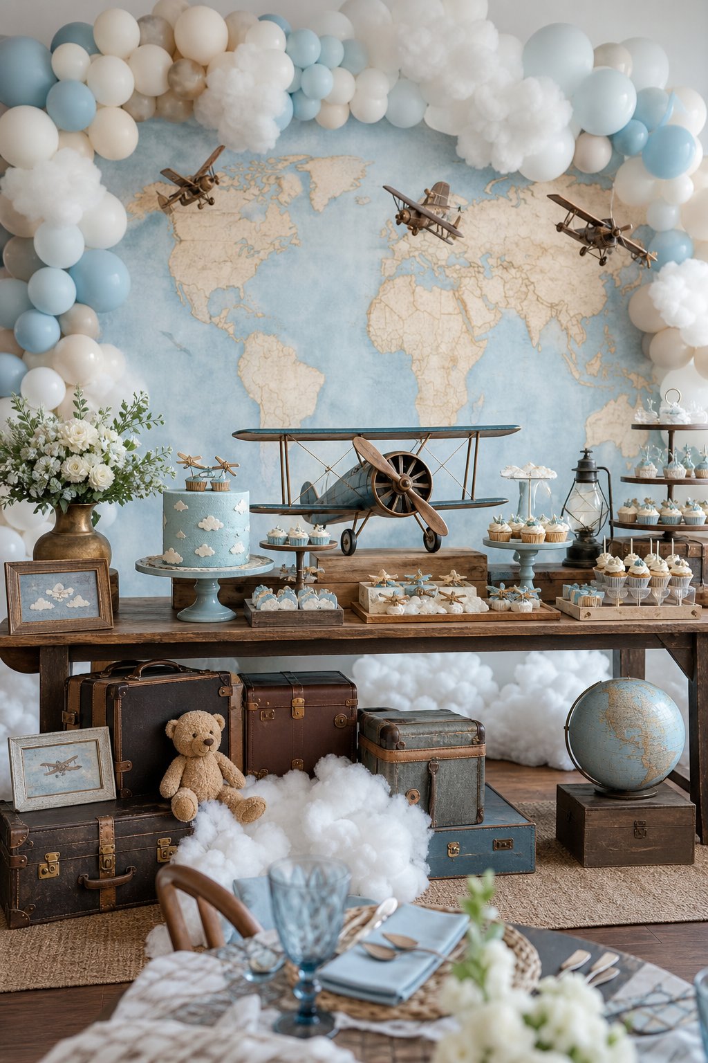 Vintage airplane-themed baby shower table decorated with clouds, toy airplanes, travel trunks, and blue-and-cream desserts.