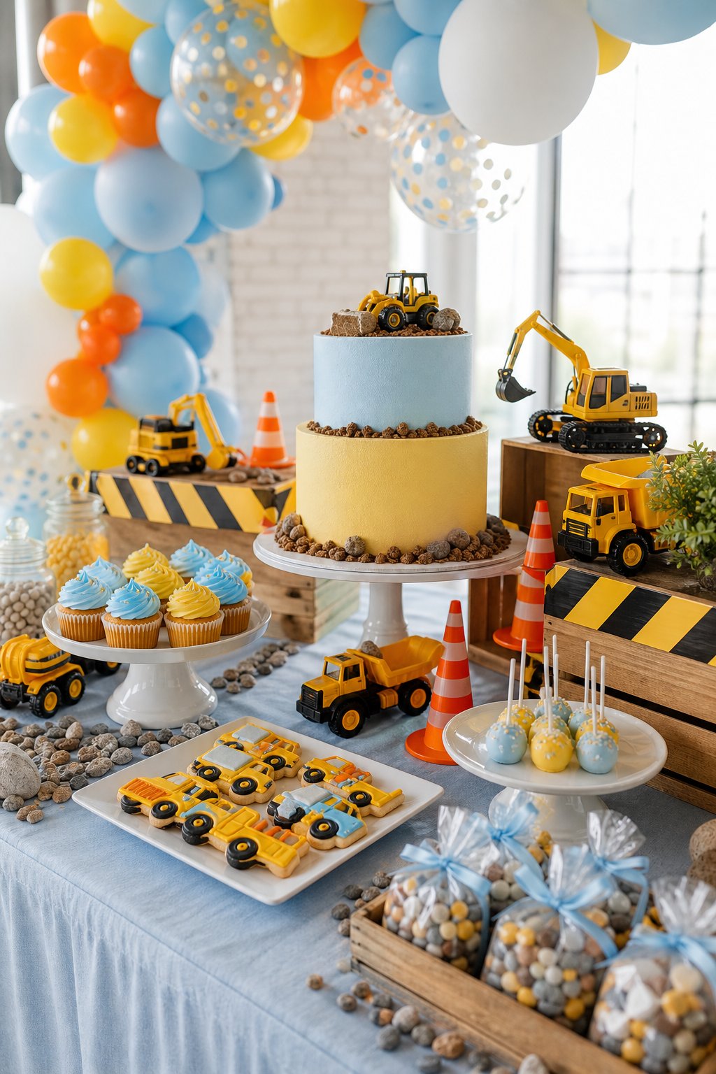 Construction-truck-themed baby shower table with toy trucks, balloons, desserts, and blue and yellow decorations.