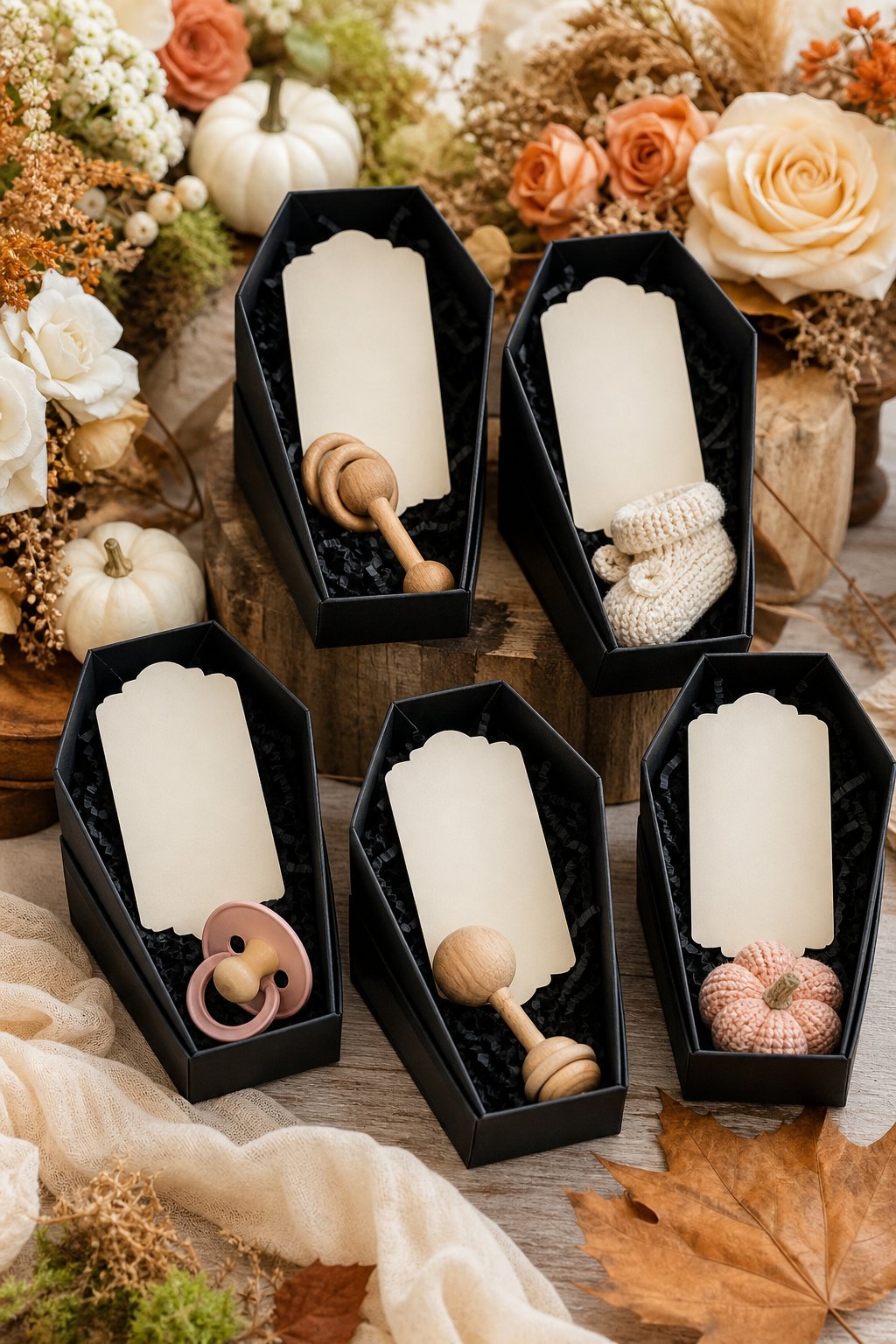 Black coffin-shaped boxes containing blank baby prediction cards arranged with pumpkins and autumn decorations.