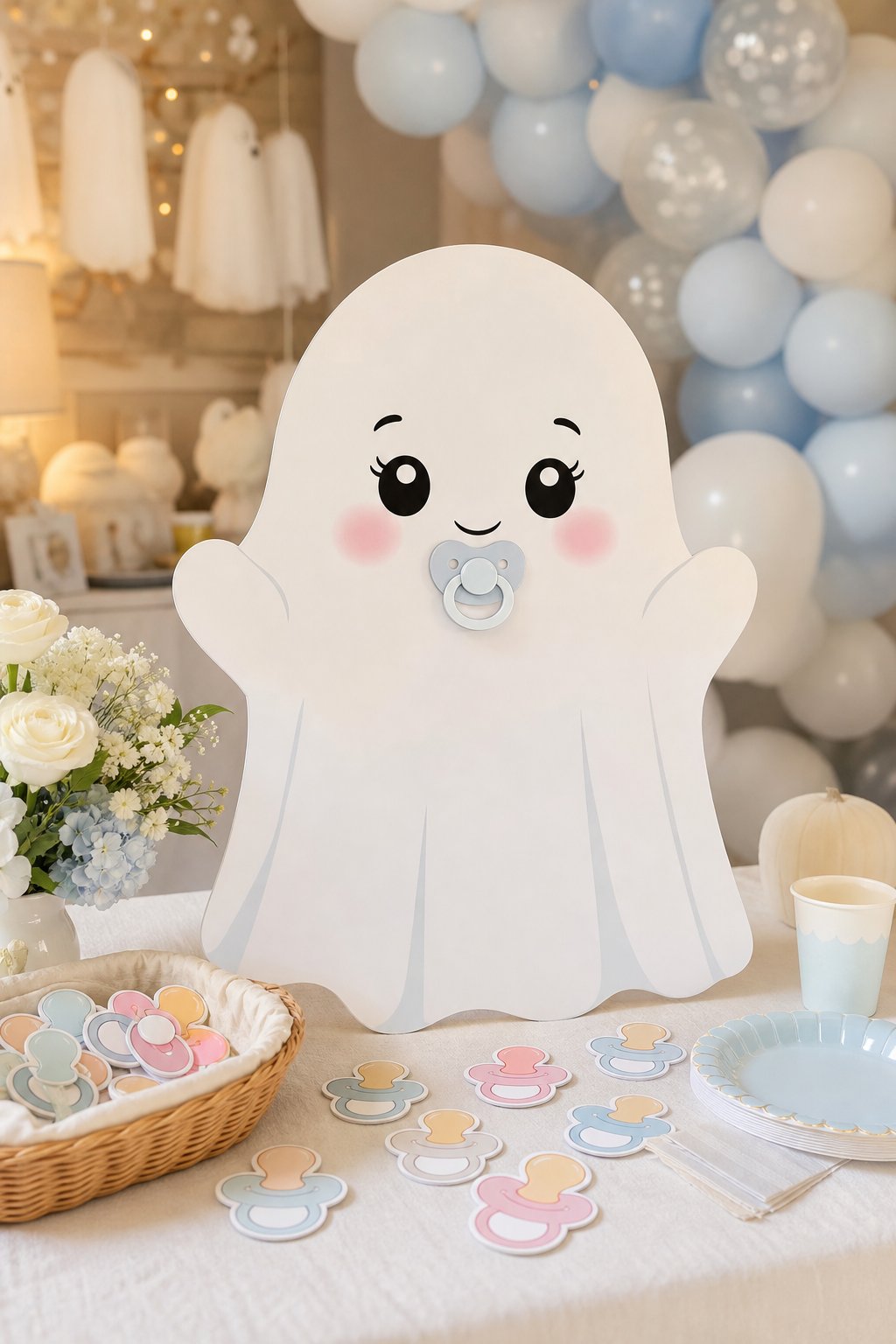 A friendly white baby ghost centerpiece sits beside colorful pacifiers at a pastel baby shower game table.