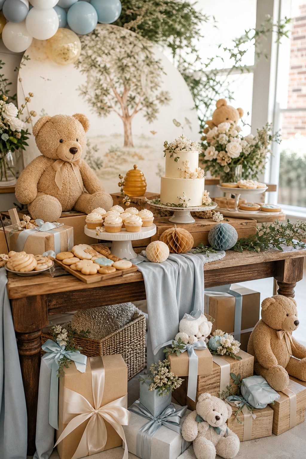 A decorated baby shower table with teddy bears, blue balloons, gifts, desserts, and woodland-inspired decorations.