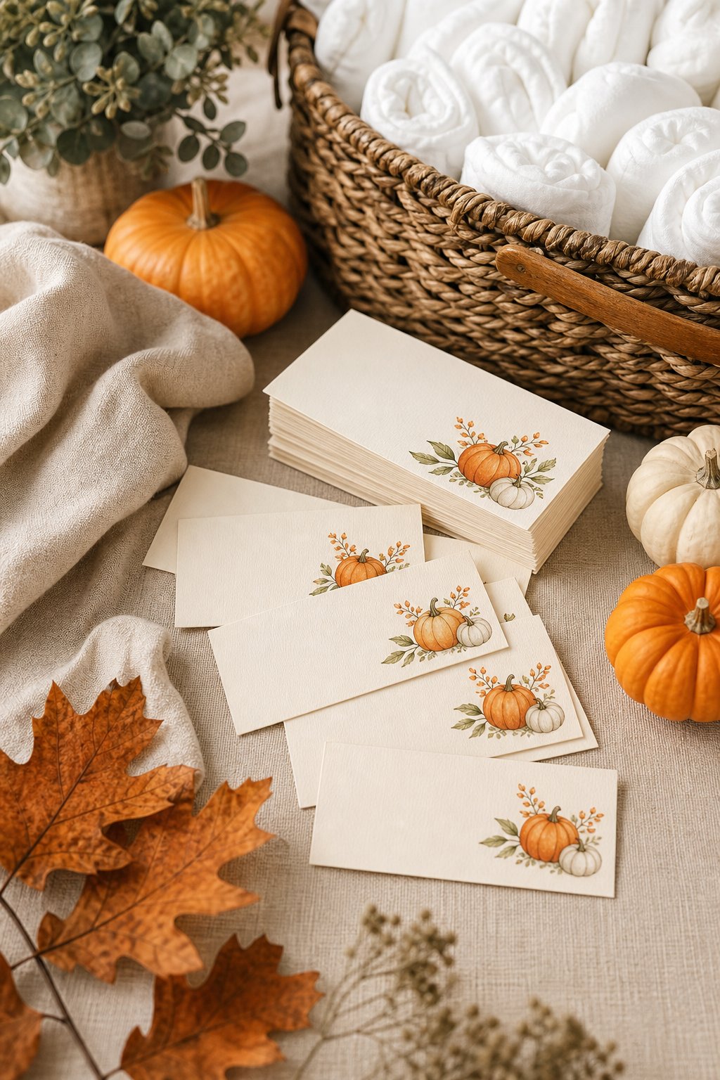 Pumpkin-decorated diaper raffle cards arranged beside rolled diapers and autumn decorations.