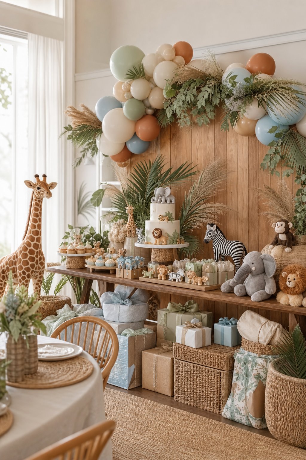 Safari-themed baby shower dessert and gift table decorated with neutral balloons, greenery, plush animals, and baby shower treats.