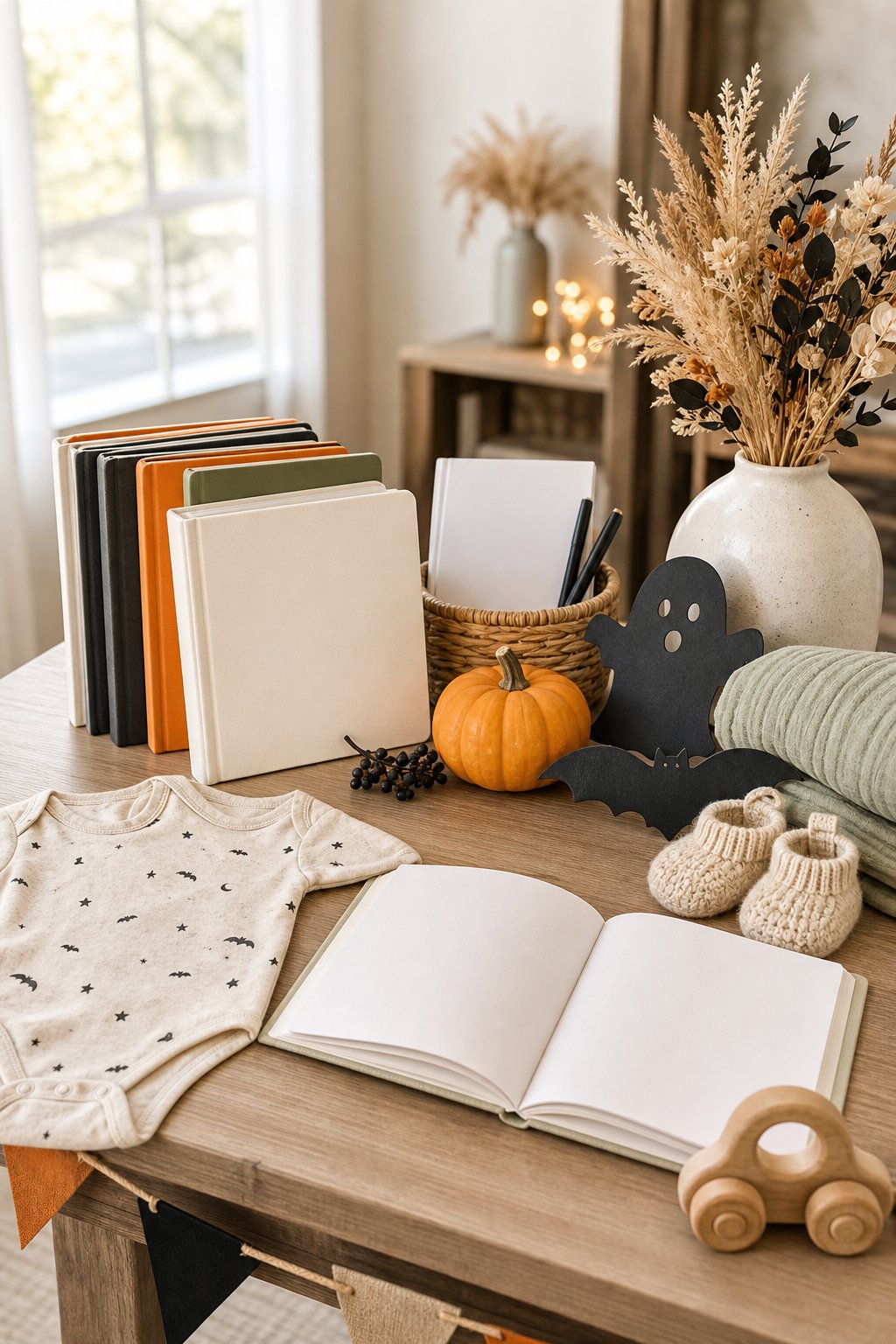 A Halloween-themed baby shower table displays blank books, baby items, pumpkins, and writing supplies for guests.