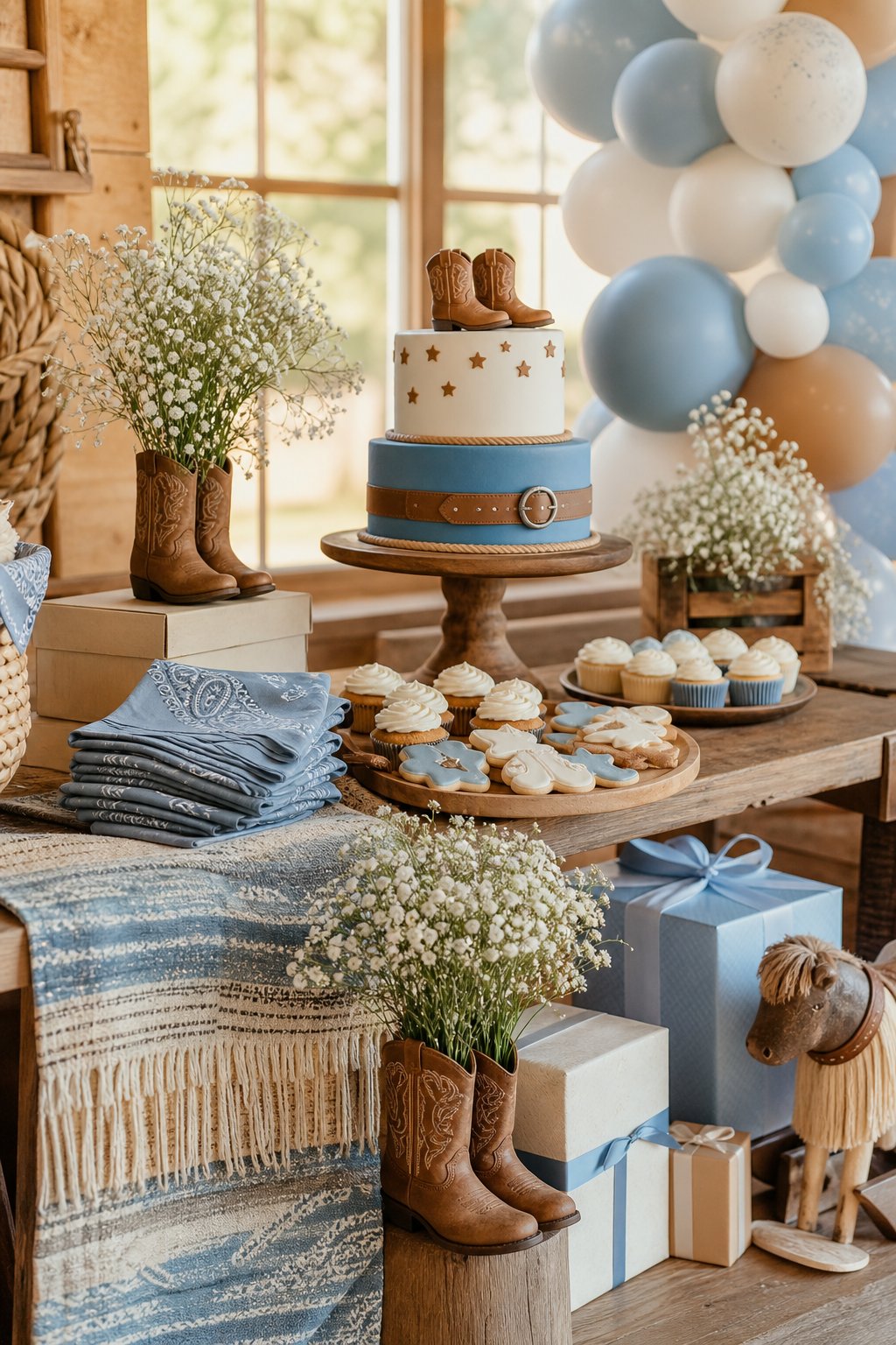 A decorated baby shower table with cowboy boots, blue bandanas, desserts, balloons, flowers, and wrapped gifts.