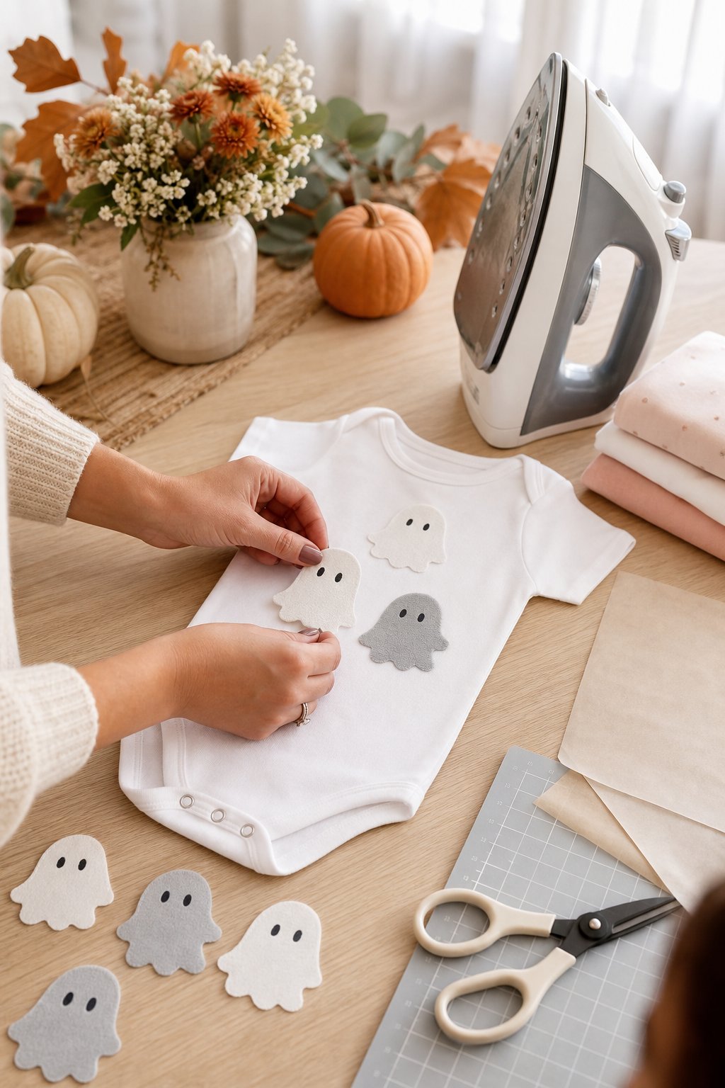 Hands decorate a white baby onesie with ghost-shaped iron-on decals at a baby shower craft table.