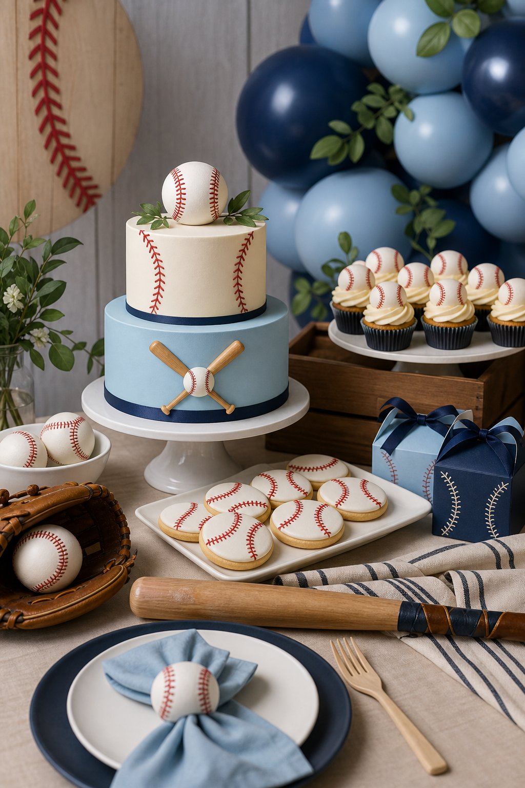 A baseball-themed baby shower dessert table decorated in blue, red, and cream with baseballs, cupcakes, balloons, and baby shower decorations.