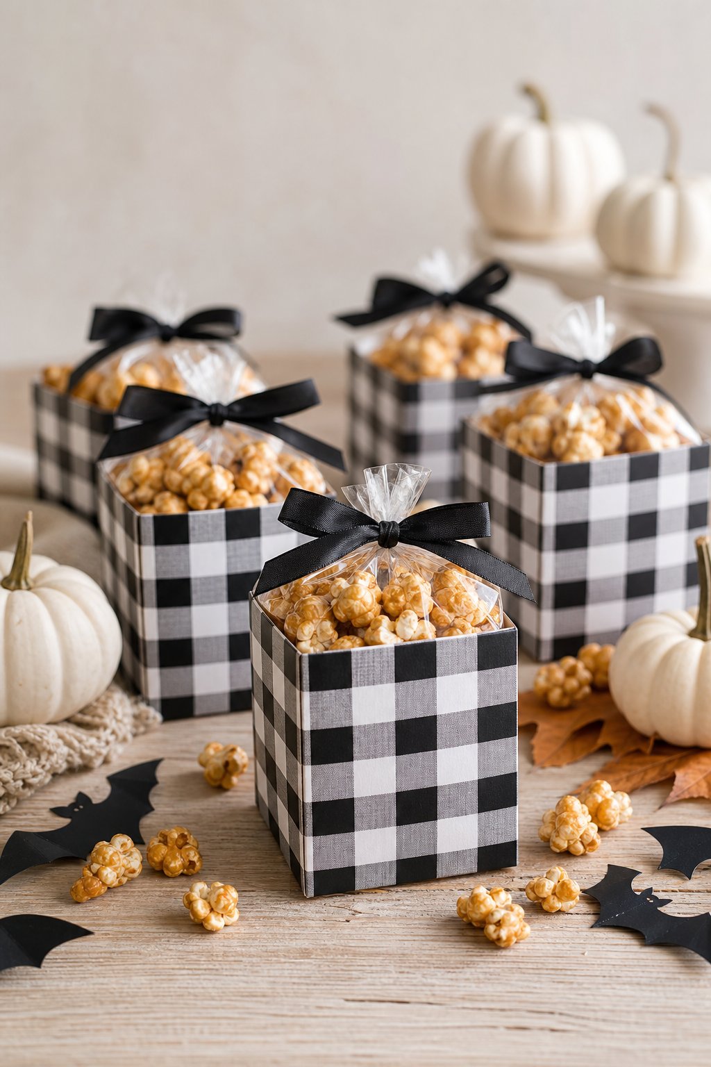 Black-and-white buffalo check favor boxes filled with caramel corn arranged on a wooden table with small Halloween-themed decorations.