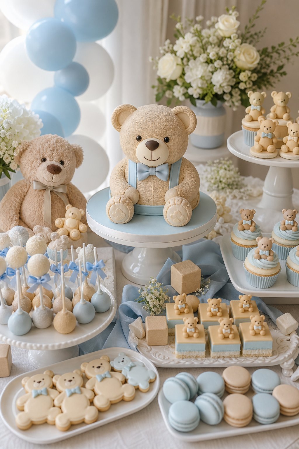 A teddy bear-themed baby shower dessert table with a bear cake, cupcakes, cookies, pastries, and soft blue decorations.